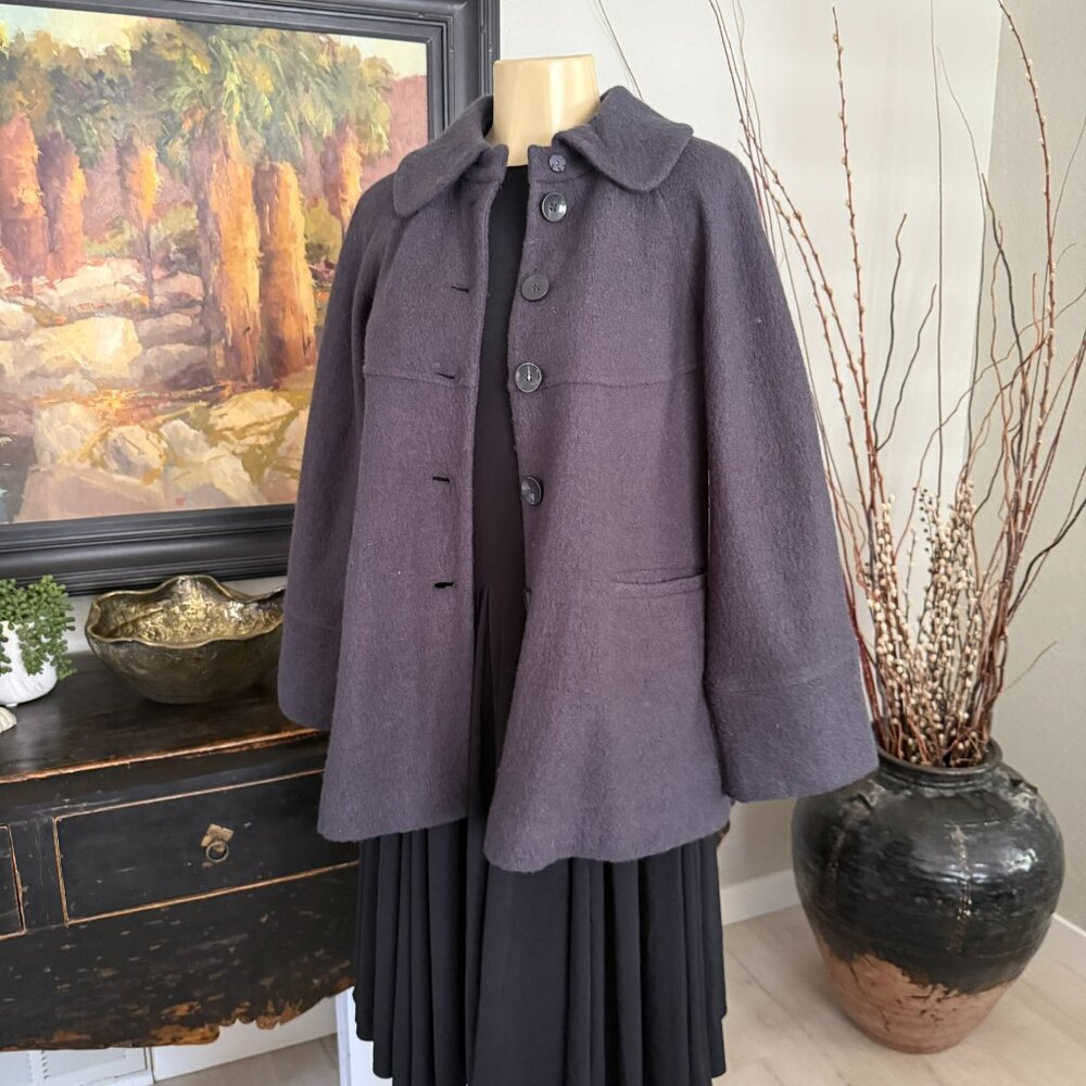 SANDRO short waisted cuffed sleeve rounded collar large buttons WOOL COAT
